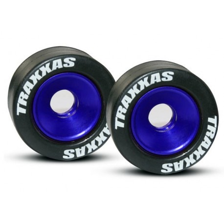 Traxxas 5186A Rubber Tires on Blue-Anodized Wheelie Bar Wheels